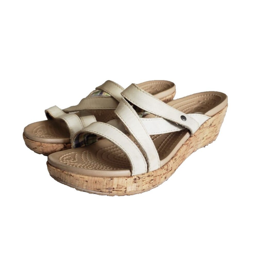 Crocs A-Leigh Leather Cork Wedge Heel Strappy Slide Sandal Shoes Beige Size 6